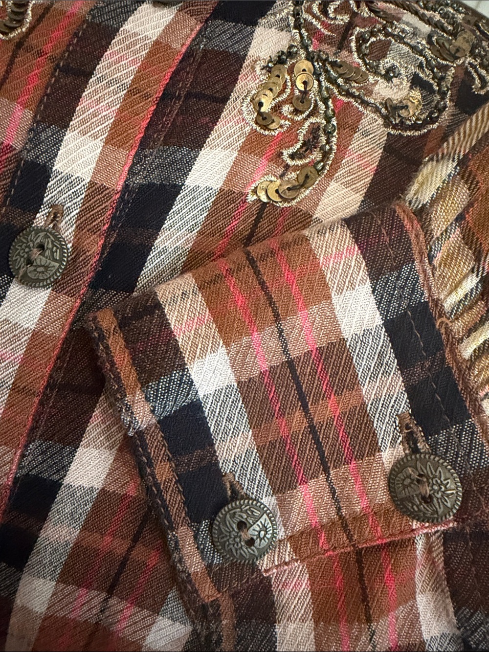 0145. Free People Snow Topped Mountains Rust Plaid Embroidered Button-Down Shirt - Picture 13 of 13